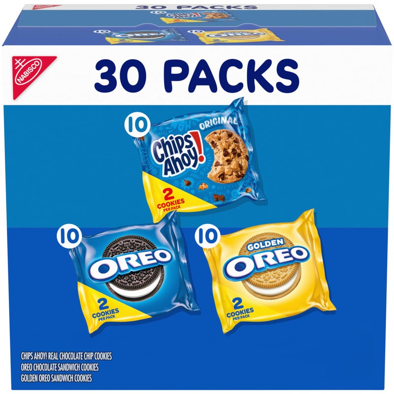 Nabisco Sweet Treats Cookie Variety Pack OREO, OREO Golden & CHIPS AHOY!, Christmas Cookies Stocking Stuffers, 30 Snack Packs (2 Cookies Per Pack) - Image 1